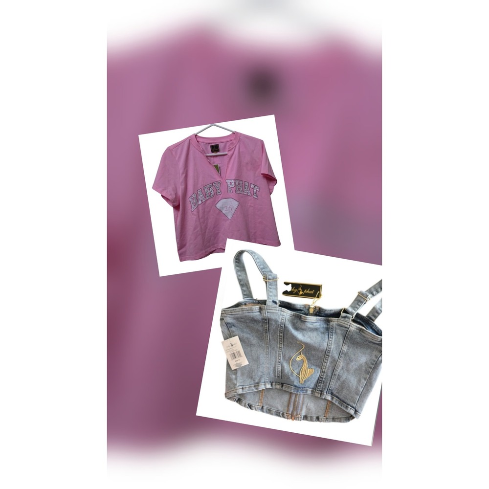 Baby Phat Denim Corset Top & Pink Tee Set Womens XL Blue Pink New Y2K BP6-A1711C